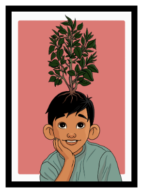 Imagination ist ein Samen – lächelnder Junge mit einer Pflanze, die aus seinem Kopf wächst