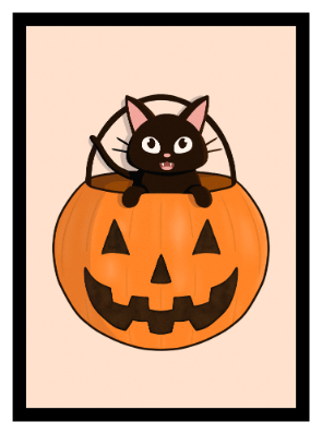 Illustration of a cute black cat sitting in a pumpkin trick or treat bucket. The background is tan.