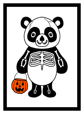 Illustration of a cute panda with skeleton bones painted on its fur, carrying a pumpkin trick or treat bucket.