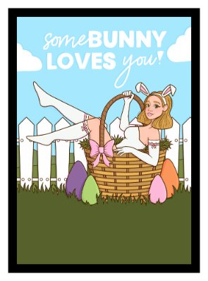 Illustration einer jungen Frau, die ein Haarband mit Hasenohren trägt und in einem Osterkorb sitzt, umgeben von Ostereiern.