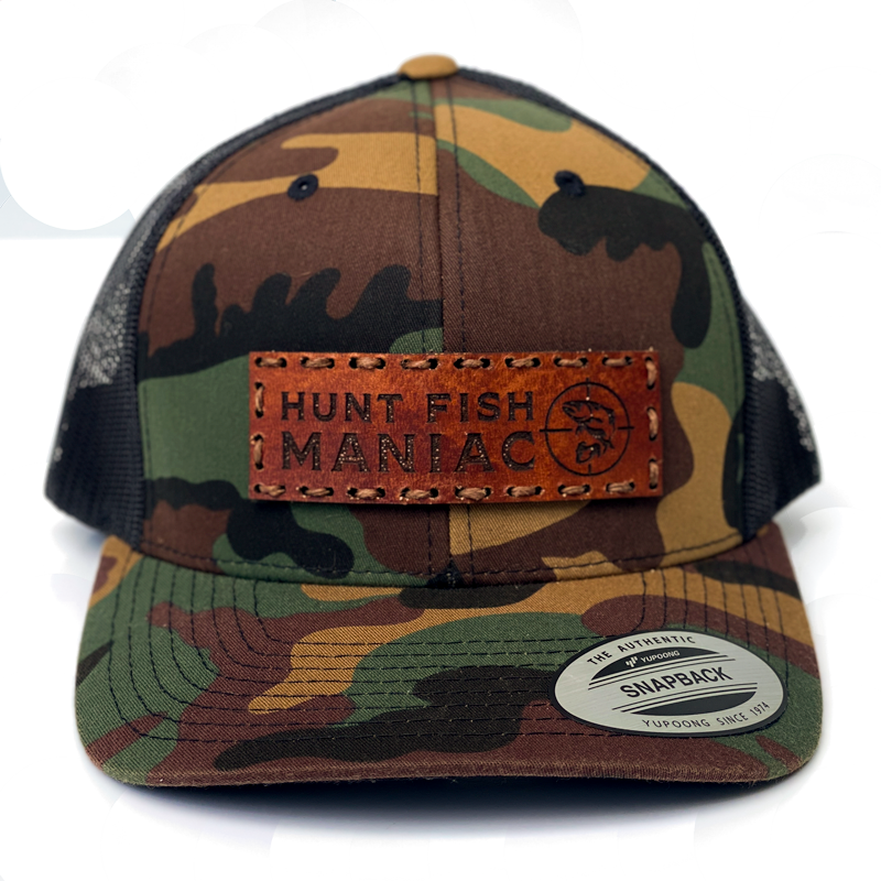 PRE-ORDER Camo 'Hunt Fish Maniac' Leather Patch Logo Baseball Hat – Shop Hunt  Fish Maniac