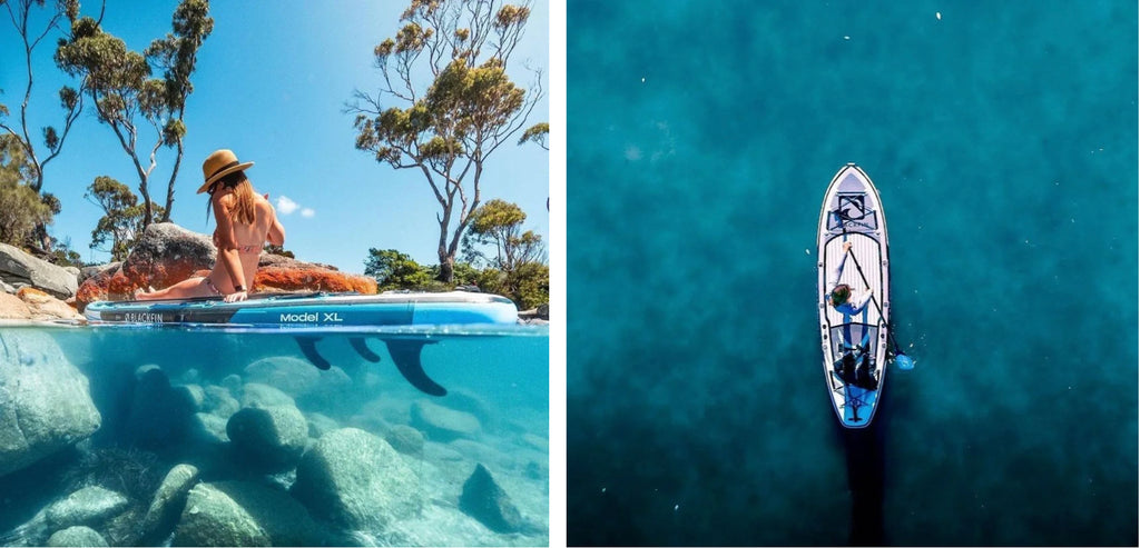 Side-by-side images with people riding paddle boards