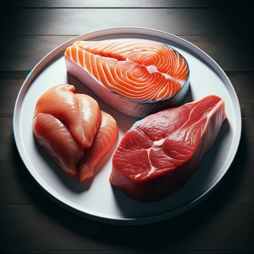 DALL·E 2024-03-24 16.11.30 - a realistic photo of a white plate with two raw chicken breasts, a raw steak, and a raw salmon fillet, arranged neatly. The steak should be vibrant re.webp__PID:22e0d9c4-0c54-4950-b057-c1a51793a398