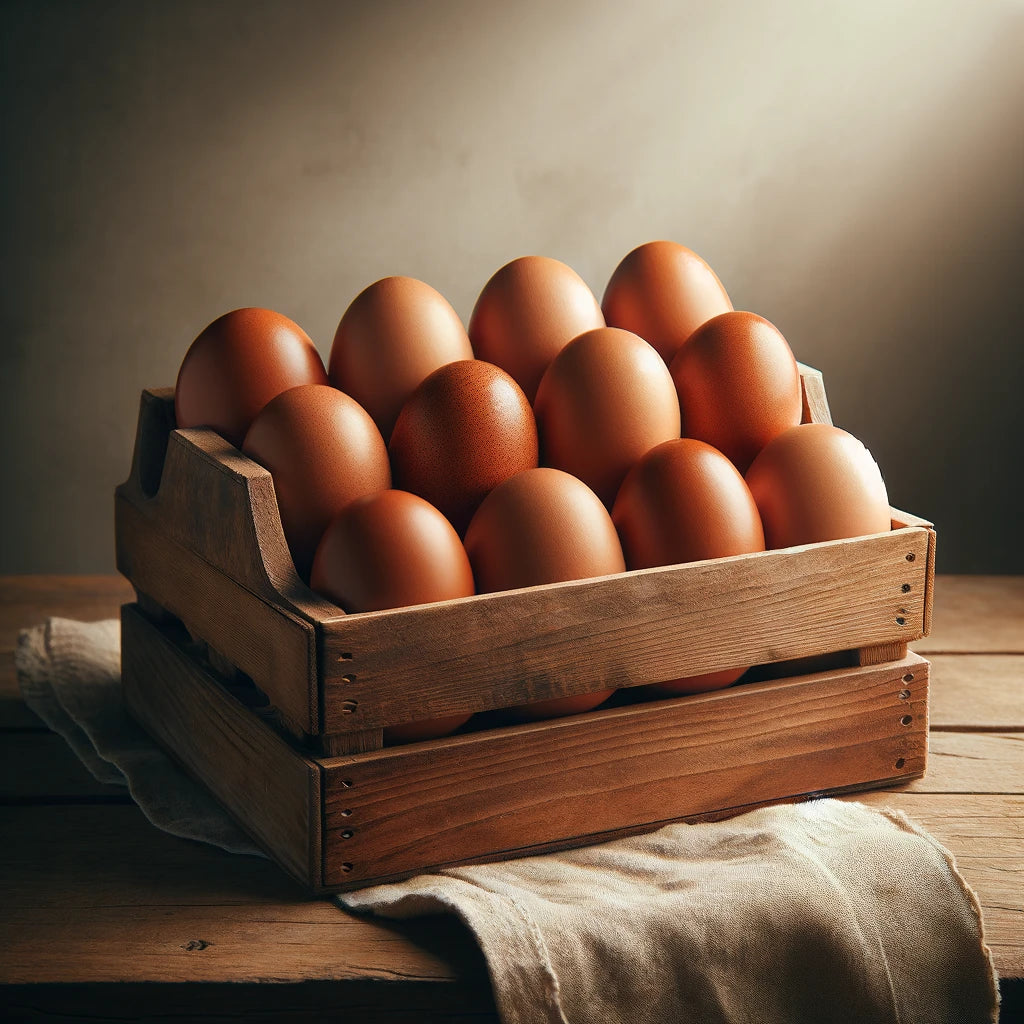 DALL·E 2024-03-24 16.29.44 - a realistic photo of large brown eggs, known for being high in choline, arranged neatly in a rustic, wooden egg crate. The eggs should have a rich, wa.webp__PID:0c546950-3057-41a5-9793-a398faad5d42