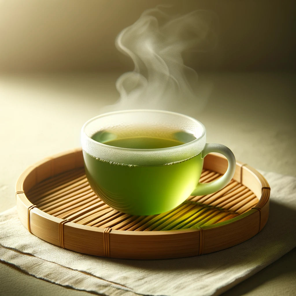 DALL·E 2024-03-24 16.33.23 - a realistic photo of a steaming cup of green tea, placed on a simple bamboo tray. The tea should be a vibrant, clear green color, indicating its high .webp__PID:69503057-c1a5-4793-a398-faad5d425009