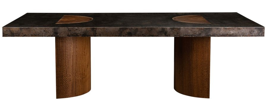 Kobe Dining Table with an abstract metal top and circle bases in Yukas wood