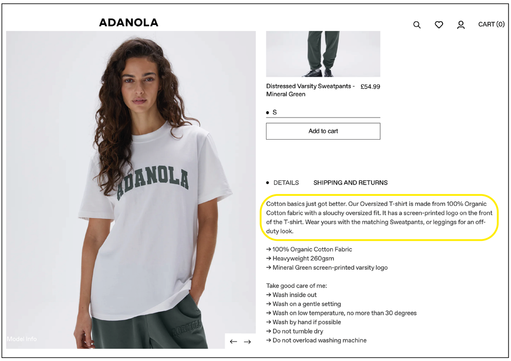 Adanola clothing product information copy example