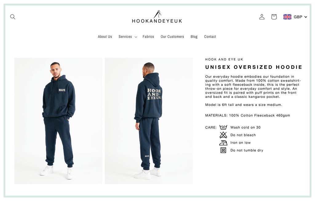 Example fashion product page, copywriting example
