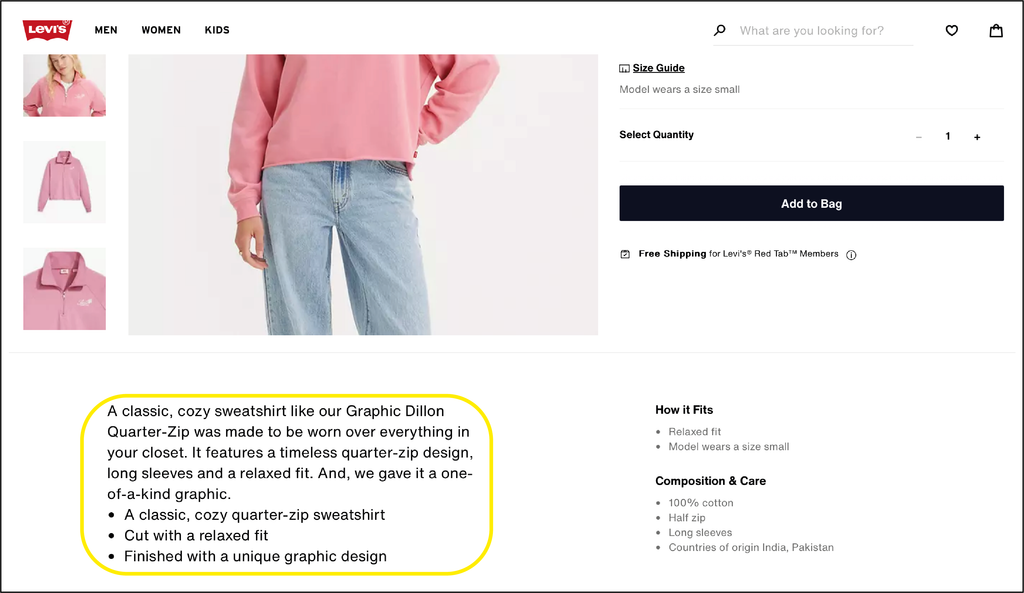 Levis clothing product information copy example