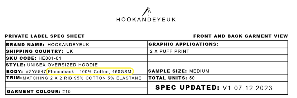 Fabric composition and weight chart