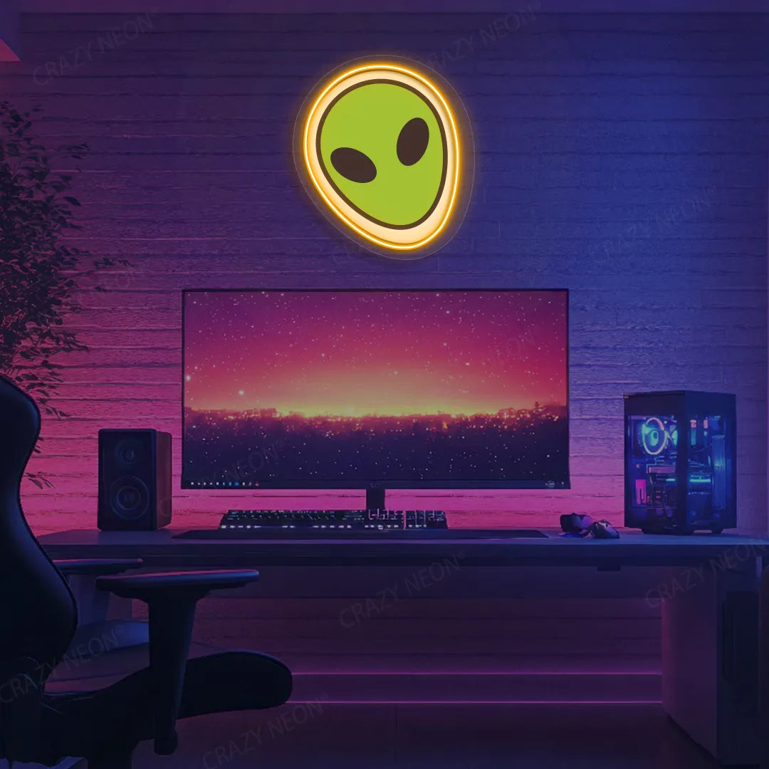 Alien Face Emoji Neon Artwork