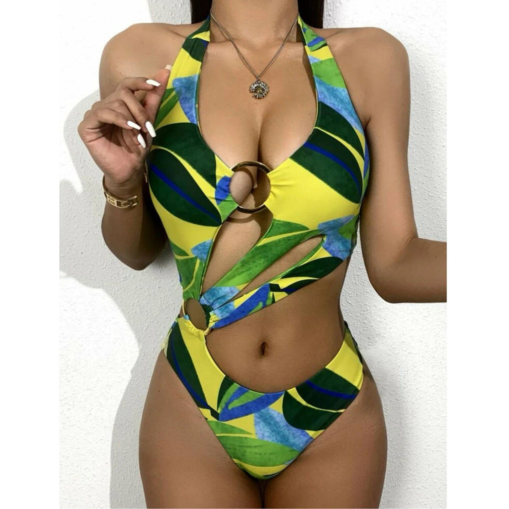 Bikini Bombshell - Strappy Deep Plunge V One Piece Swimsuit Green Neon  Monokini