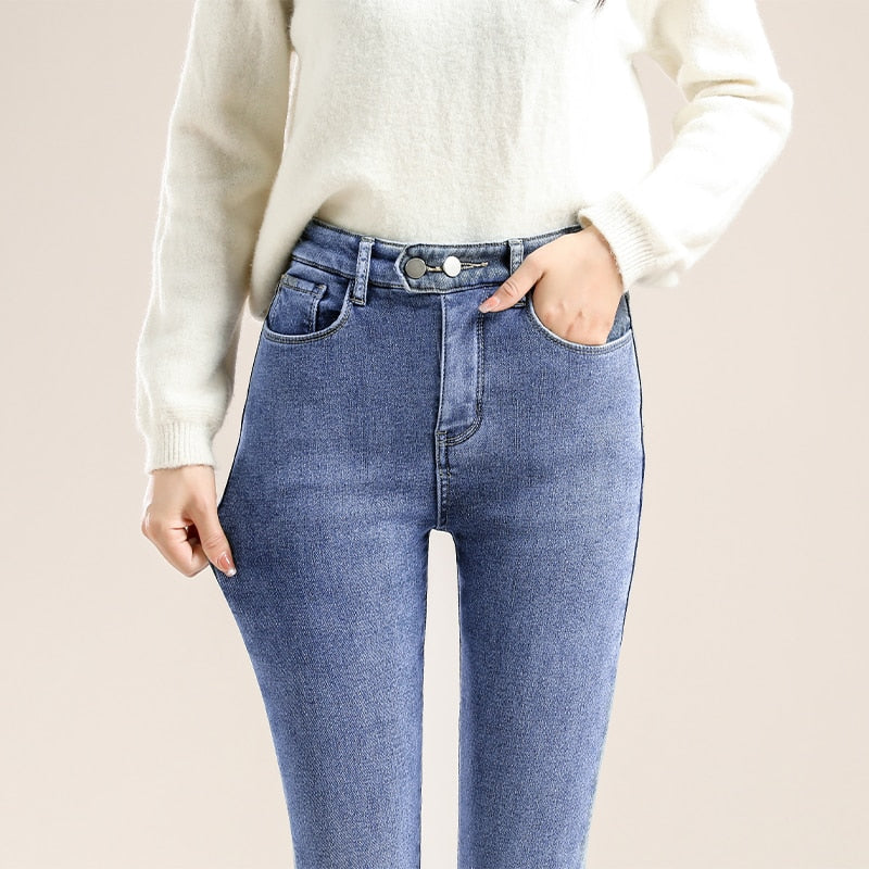 Women Winter Thick Fleece Velvet High Waist Skinny Jeans