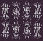 Silver illustrated beetle pattern wallpaper on a royal purple background
