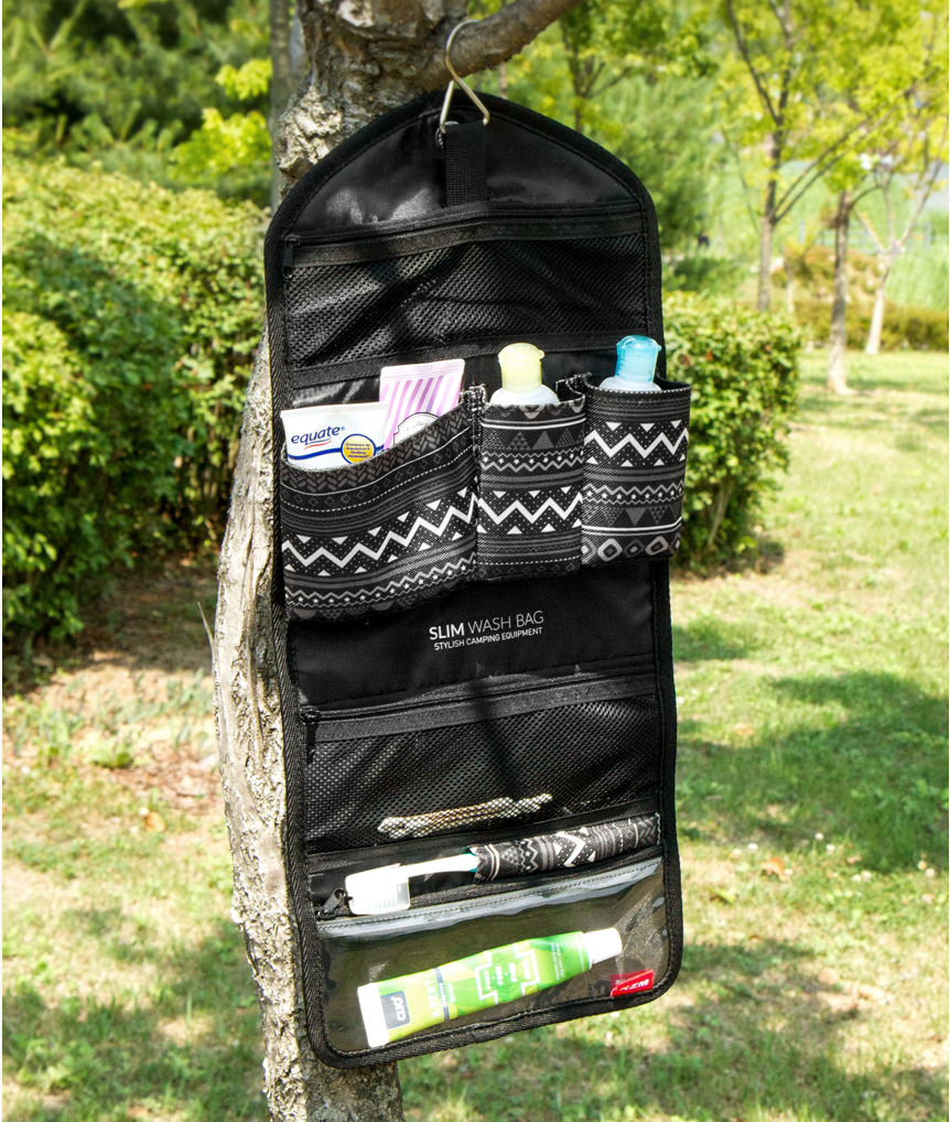 KZM Slim Wash Bag item showcase hanging on tree