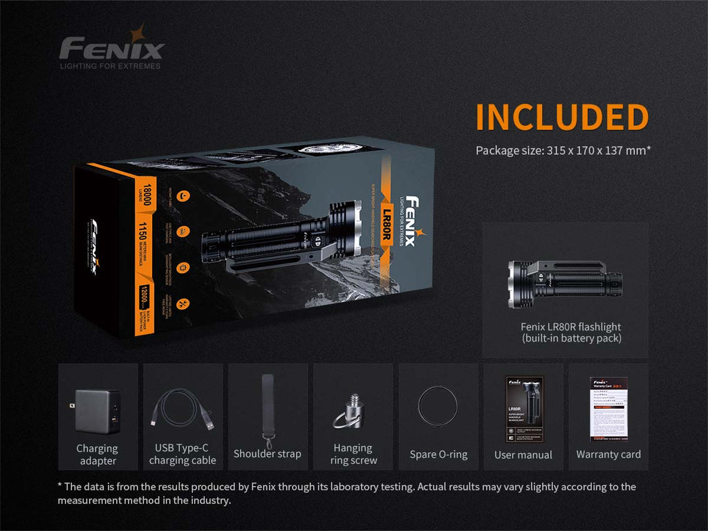 Fenix LR80R flashlight included in package