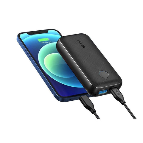 Mobile power bank charging device, plugged into an Apple iPhone