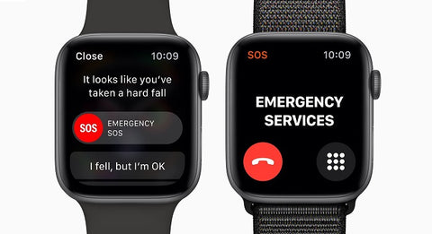 Apple Watch displaying fall detection feature, notifying emergency services