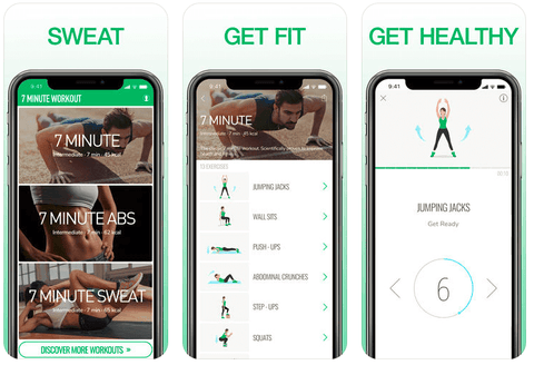 Seven Minute workout app interface on iPhone screens, displaying different metrics and workout screens