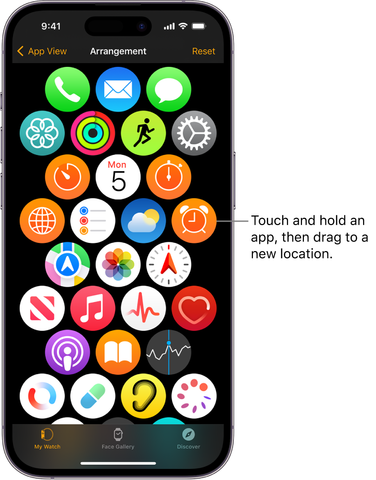 Apple iPhone displaying the My Apple Watch screen for arranging apps in grid view