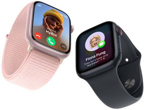 Two Apple Watch Series 9 watches displaying text and call screens