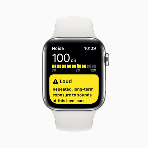 Apple Watch Series 5 displaying warning information about loud sound levels