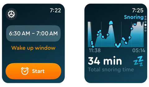 Sleep Cycle App for the Apple Watch screen, displaying sleep analysis info and wake up windows