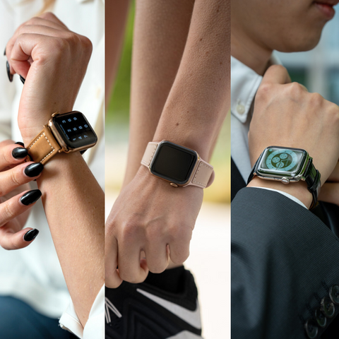 Three shots of people wearing Apple Watches with Buckle and Band luxury leather watch straps