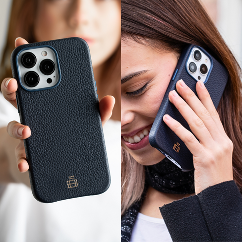 Split shot of a woman holding an iPhone with a Buckle and Band luxury leather iPhone case on it, and then answering a call using it.