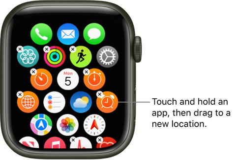 Apple Watch screen displaying the app grid, along with instructions on how to re-arrange them