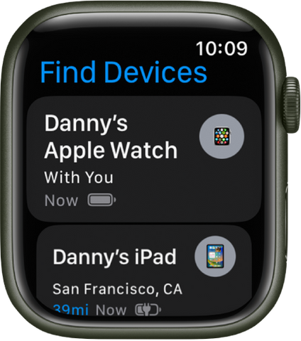 Apple Watch displaying Find My Network app, showing which devices are nearby