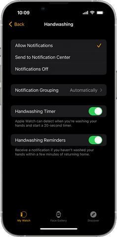 iPhone displaying the Apple Watch Hand wash app options screen