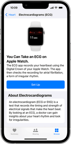 iPhone displaying the Apple Watch Health app, setting up the ECG heart scanner