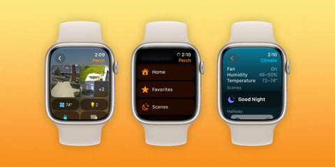 Three Apple Watch screens displaying HomeKit integration screens, with information like camera feeds, room temperature and scene options