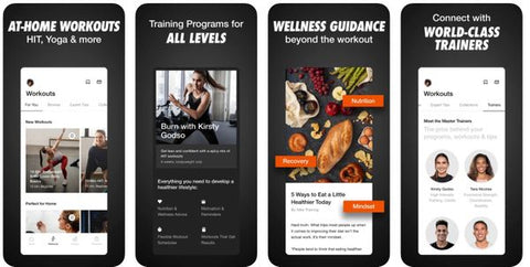 iPhone screen displays of Nike Training Club app, showing different information, workouts and trainers