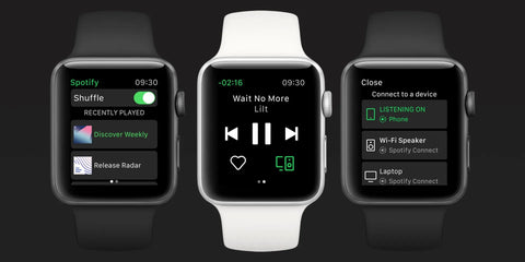 Apple Watches displaying the Spotify music app