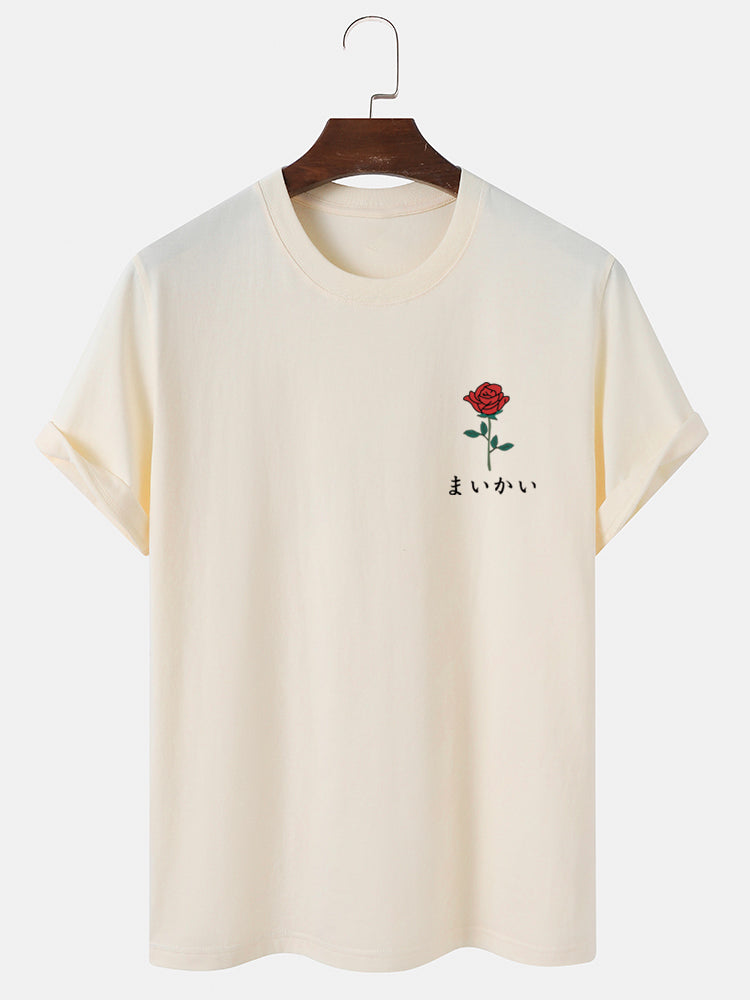 Mens Rose Japanese Chest Print Cotton Short Sleeve T-Shirts