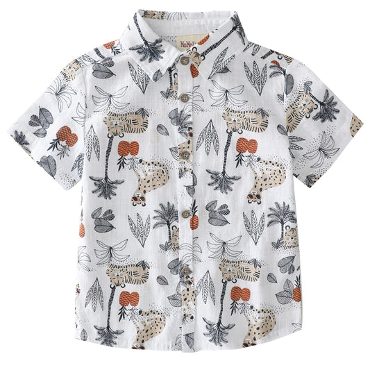 Boy White Leopard Allover Print Short Sleeve Shirt