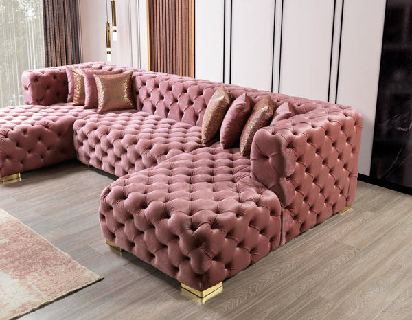 138" Neva Sectional in Pink Velvet with Double Chaise