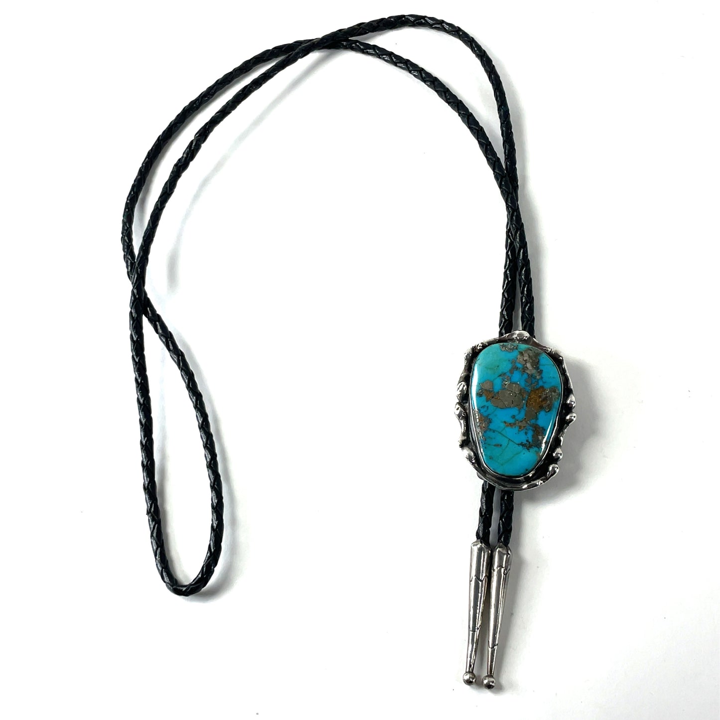 Vintage Morenci Turquoise with Pyrite Sterling Silver Bolo Tie Southwestern