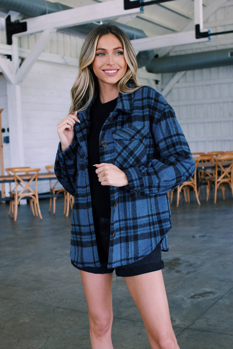 Parker Plaid Button Up Shacket, Navy