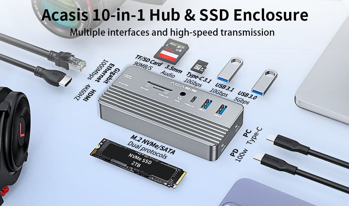 ESSAGER 8 in 1 USB C Hub with M.2 SSD Enclosure, 4K HDMI, USB 3.2 Gen2,  100W PD, Aluminum Alloy Enclosure for PCIe NVMe and SATA SSDs