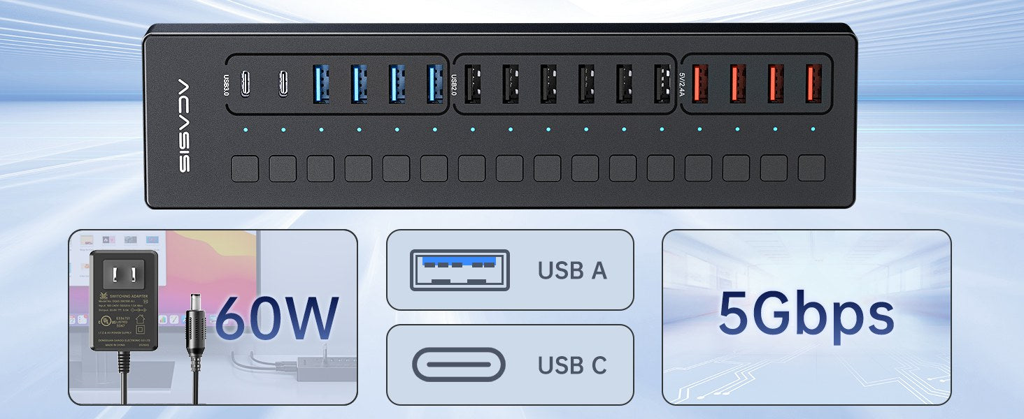 ACASIS 16 Port USB-C Hub Splitter Powered Switch, DS516PB