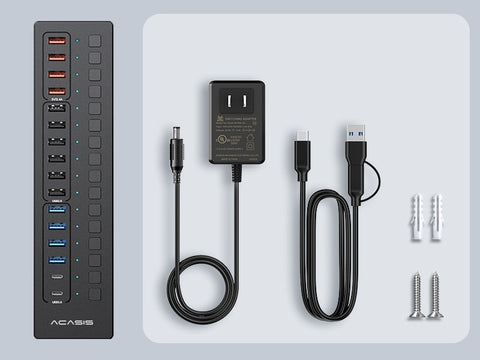 ACASIS Hub USB alimentado, concentrador de datos USB 3.0 de 16 puertos,  interruptores individuales de encendido/apagado, adaptador de corriente de  12