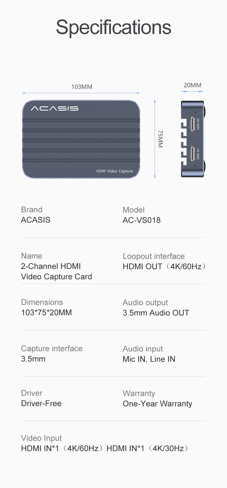 ACASIS 2-Channel HDMI 4K/60Hz Input/Loopout Video Capture Box