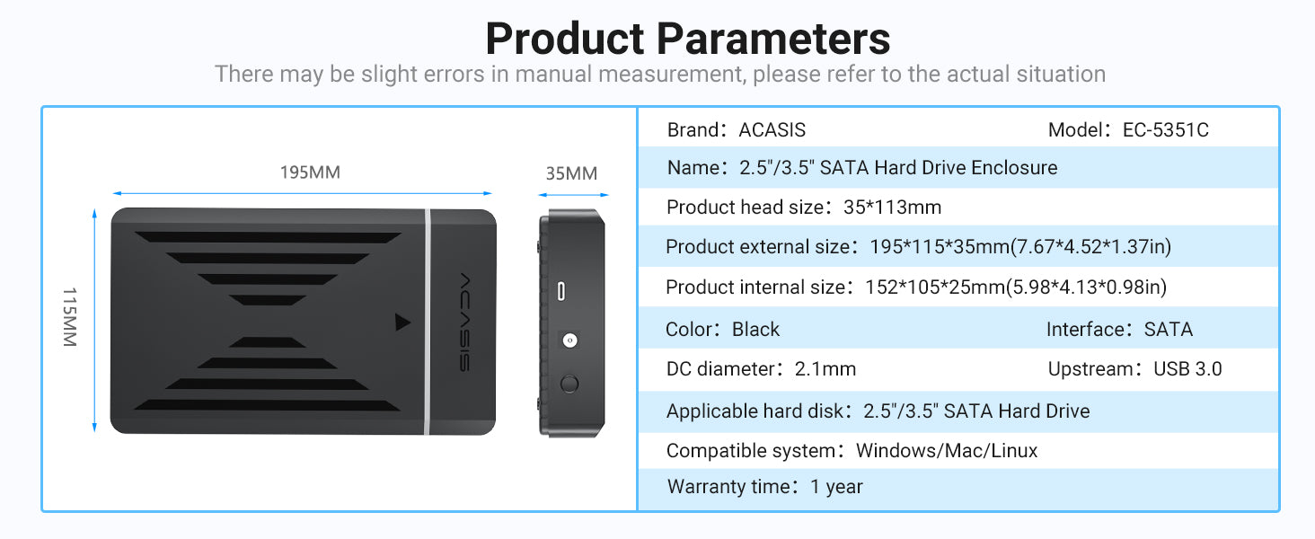 ACASIS 2.53.5 Plastic USB 3.0 to SATA Hard Drive Enclosure