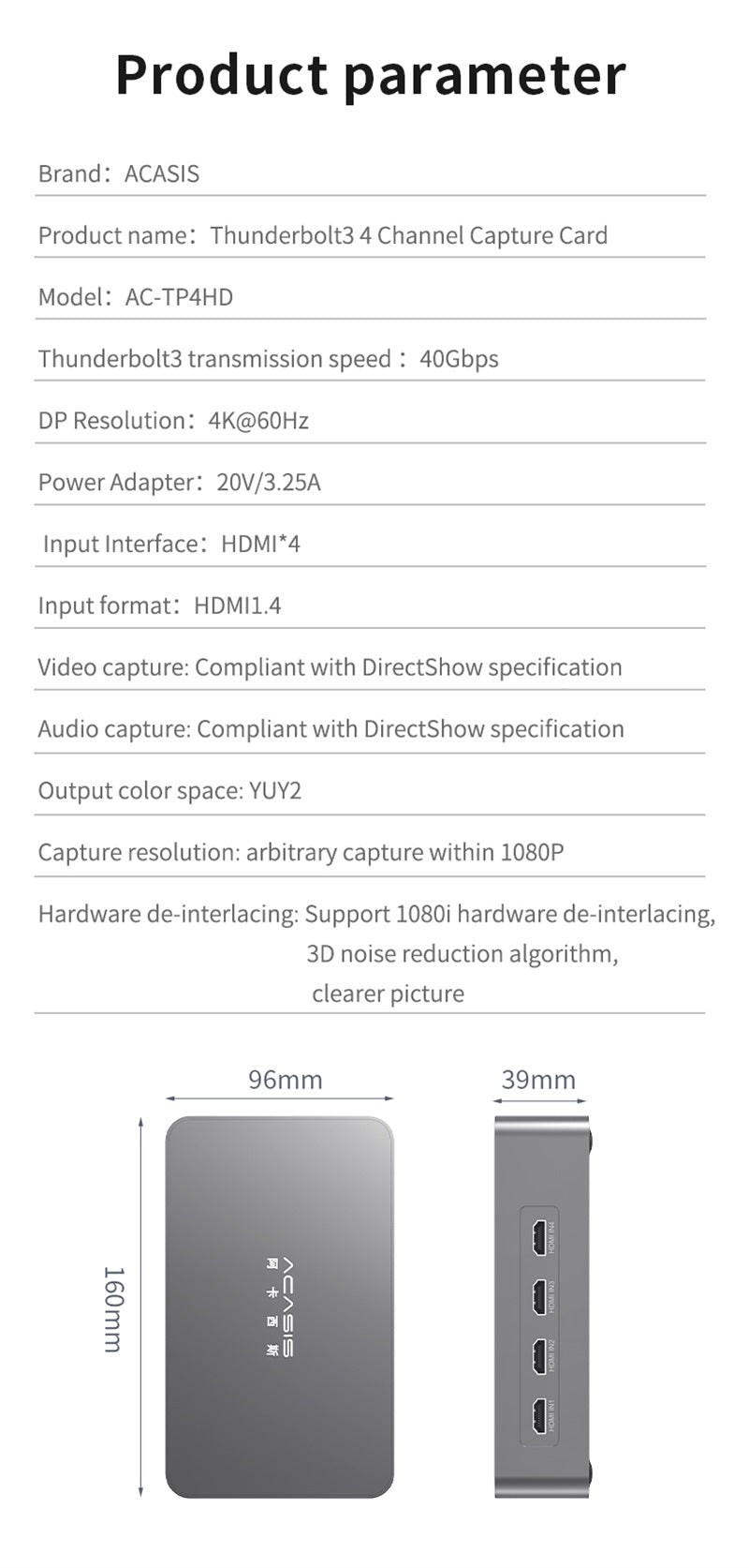 ACASIS Thunderbolt 3 Quad HDMI Channel Video Capture Card 4 HDMI inputs 1080p60 Full HD, 4K60