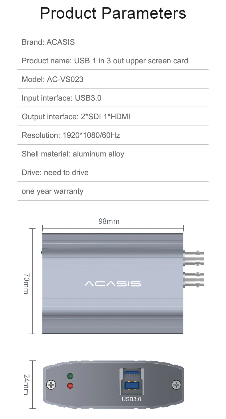 ACASIS USB3.0 Screen Card SDI/HDMI 1 In 3 Out HD Video Card