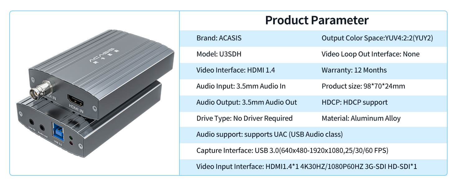 Acasis 2 Channel SDIHDMI-Compatible HD Video USB3.0 Capture Card