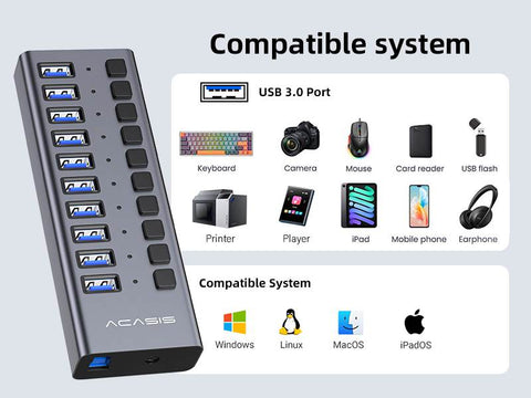 Acasis Multi USB 3.0 Hub 10 ports High Speed With ON OFF Switch Adapter Splitter